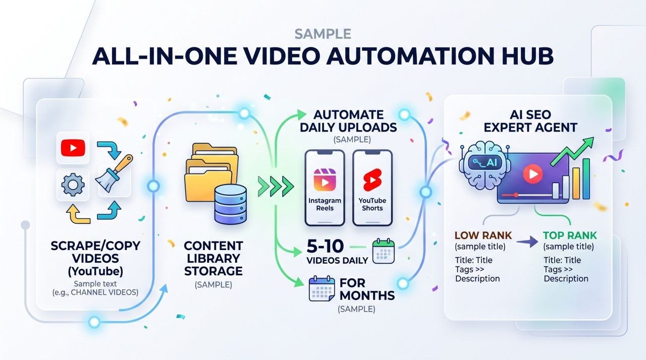 Short upload flow: upload long videos into a content library, automate 5-10 daily uploads to Instagram Reels and YouTube Shorts for months, with an AI SEO agent rewriting titles, tags and descriptions.